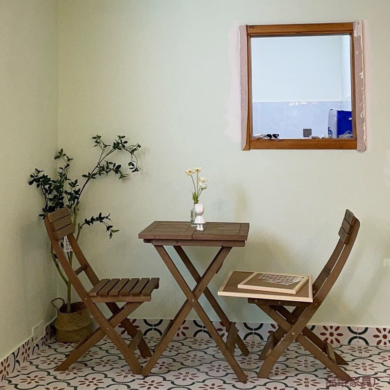 Foldable Balcony Tea Table and Chairs Set for Small Spaces, Solid Wood