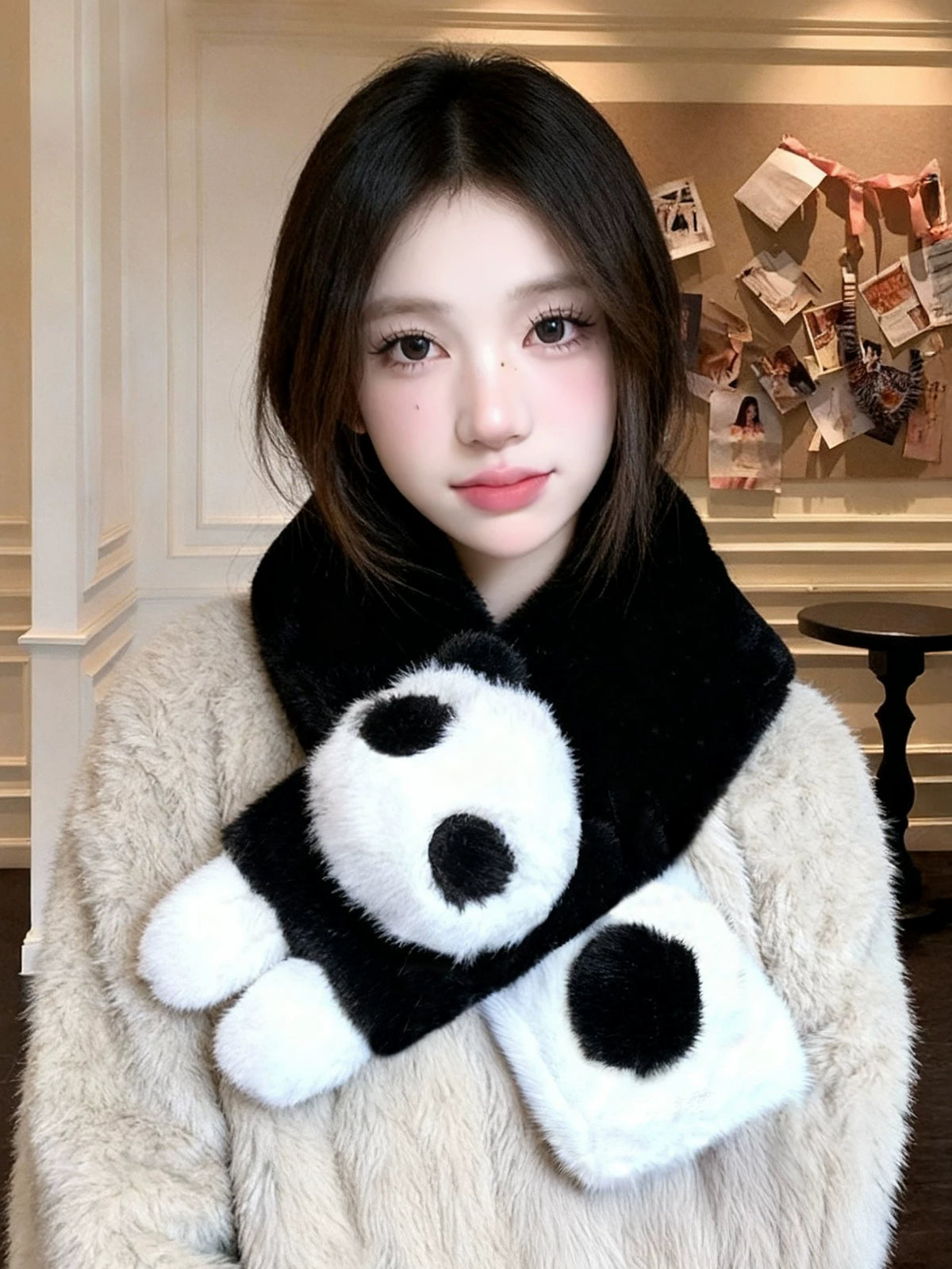 Japanese Style Panda Plush Cross Scarf for Women, Winter Warm Neck Warmer