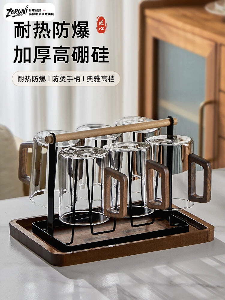 Heat-Resistant Glass Teacup Set with Wooden Handle and Tray for Home or Office
