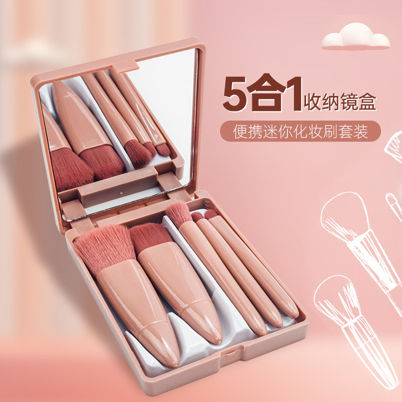 Mini Travel Makeup Brush Set with Mirror Case, 5-Piece Portable Cosmetic Brushes