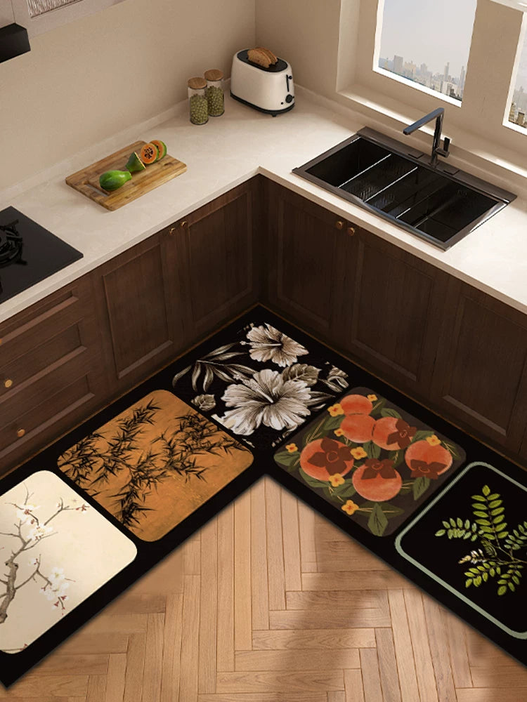L-Shaped Diatomaceous Earth Kitchen Mat Absorbent Non-Slip Washable Oil-Proof Rug