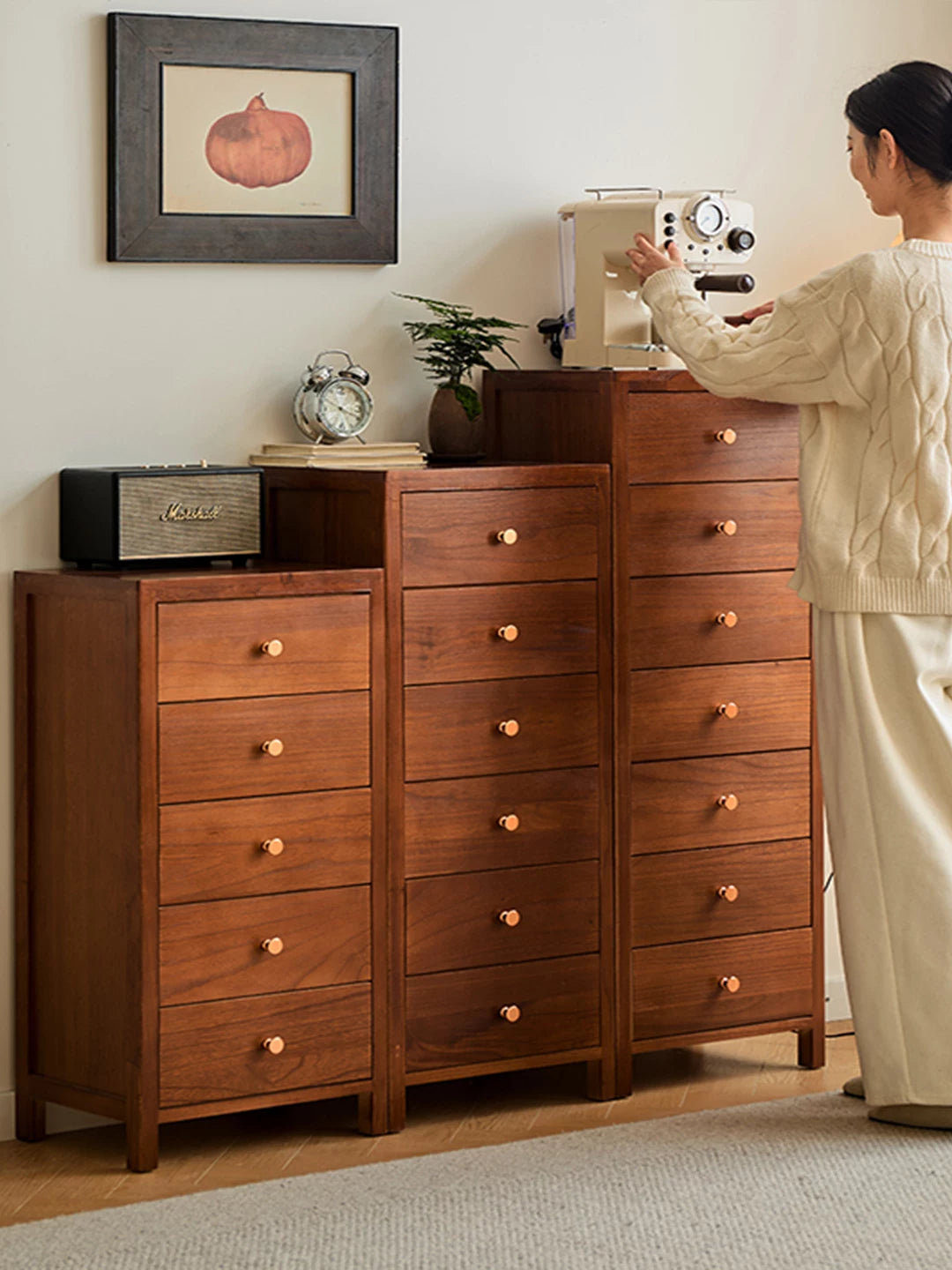 American Style Solid Wood Walnut Chest of Drawers Narrow Bedside Storage Cabinet for Bedroom Living Room