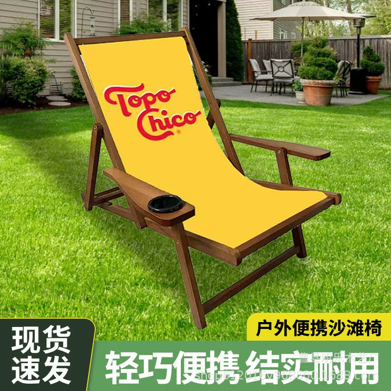 2026 New Solid Wood Folding Beach Chair with Cup Holder, Oxford Canvas Recliner for Outdoor Lounging