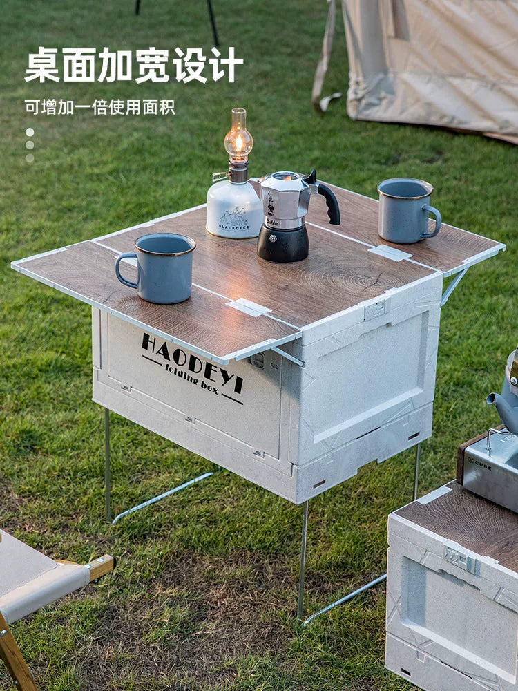 Multifunctional Camping Storage Box with Foldable Table and Wheels