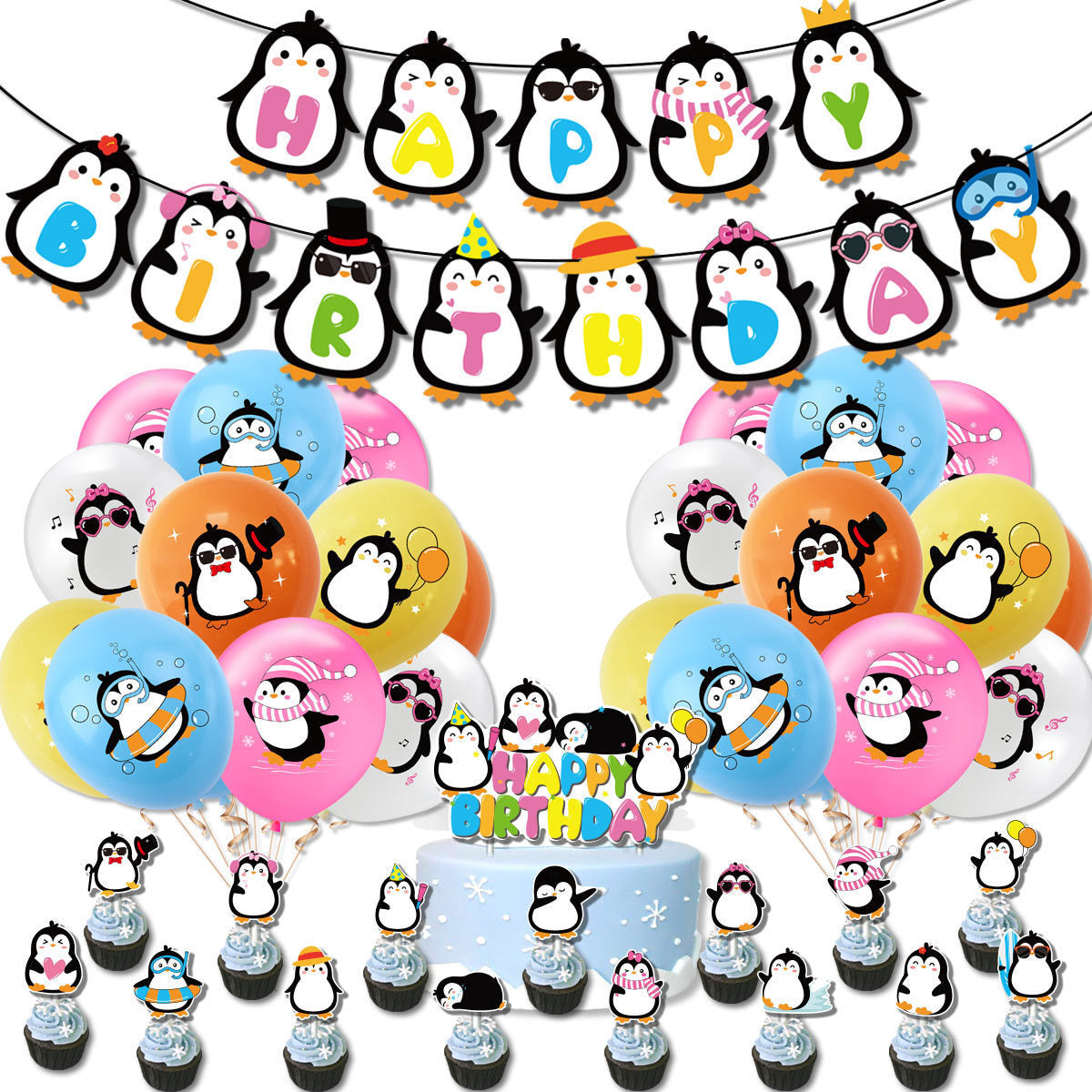 Penguin Theme Party Decoration Kit with Banner, Balloons, and Cake Toppers for Kids' Birthday