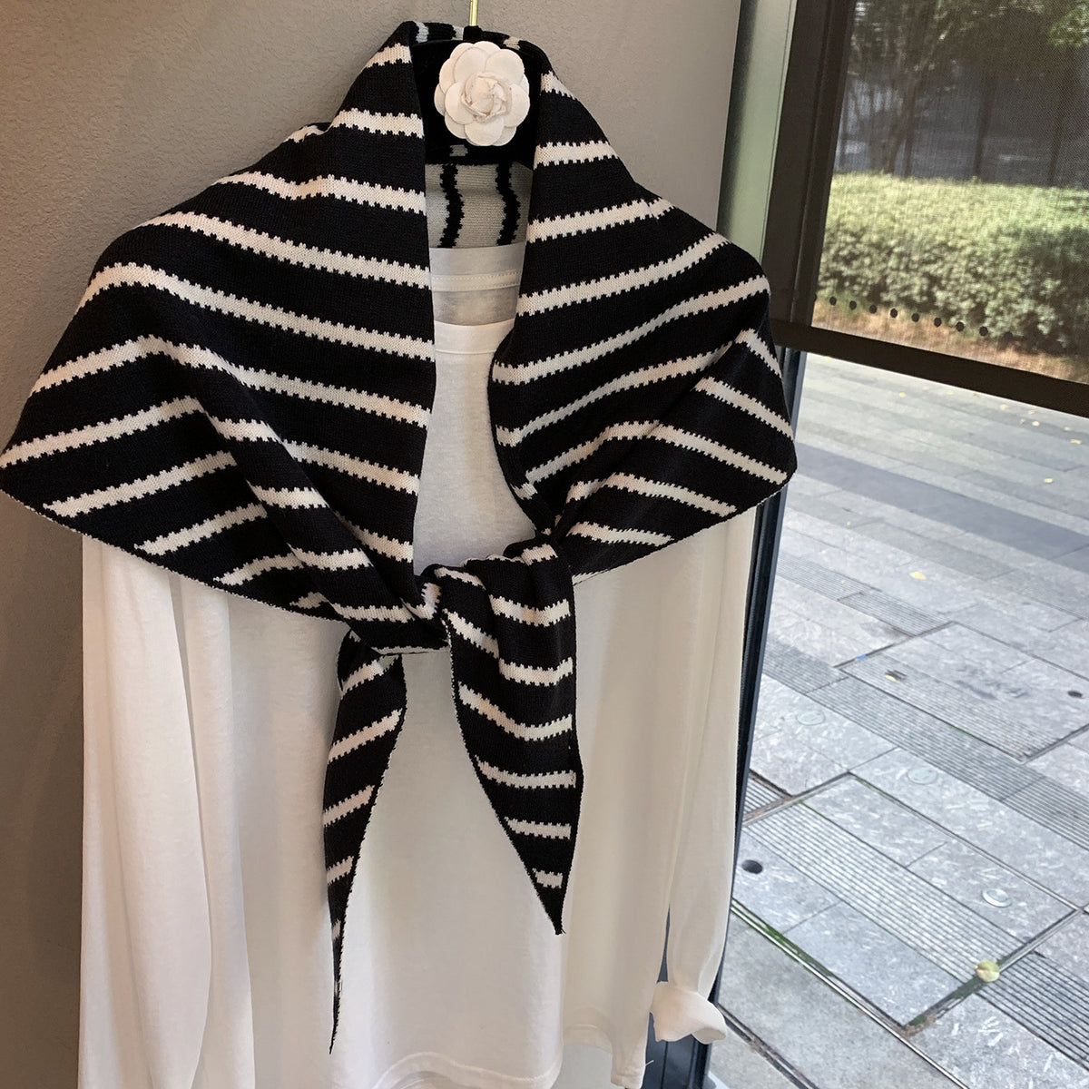 2025 Autumn/Winter Knitted Jacquard Striped Triangle Scarf Shawl Versatile Neck Warmer
