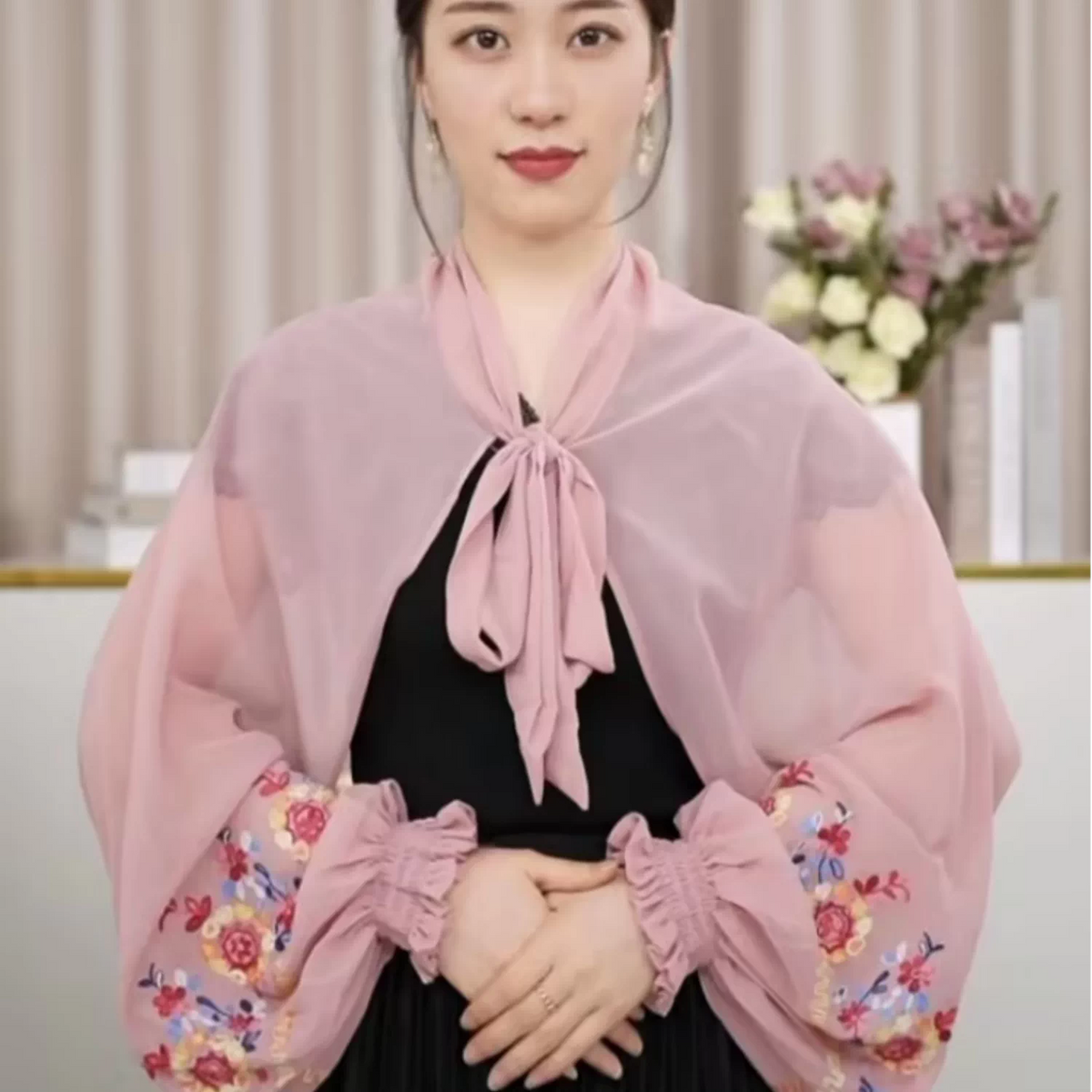 Embroidered Chiffon Sun Protection Shawl with Tie Cuffs