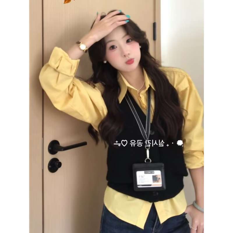 Korean Style Autumn Outfit Yellow Long Sleeve Shirt and Knit Vest Two-Piece Set