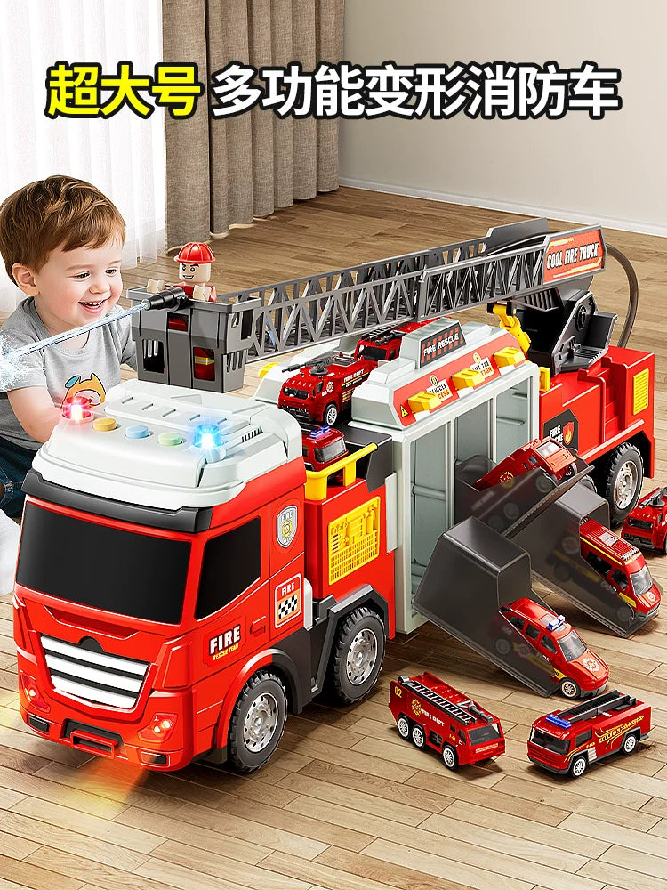 Large 51CM Transforming Fire Truck / Police Car Toy with Ejection Launcher, Water Spray, and Storage for Kids