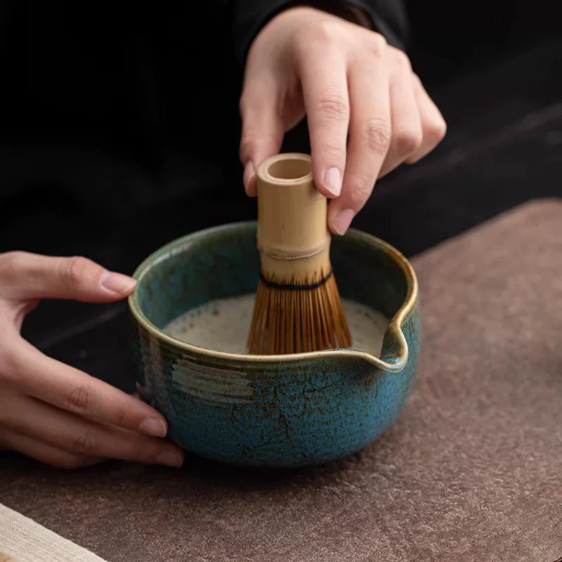 Japanese Ceramic Matcha Bowl Set with Spout and Whisk Stand, Handcrafted Kiln Glaze