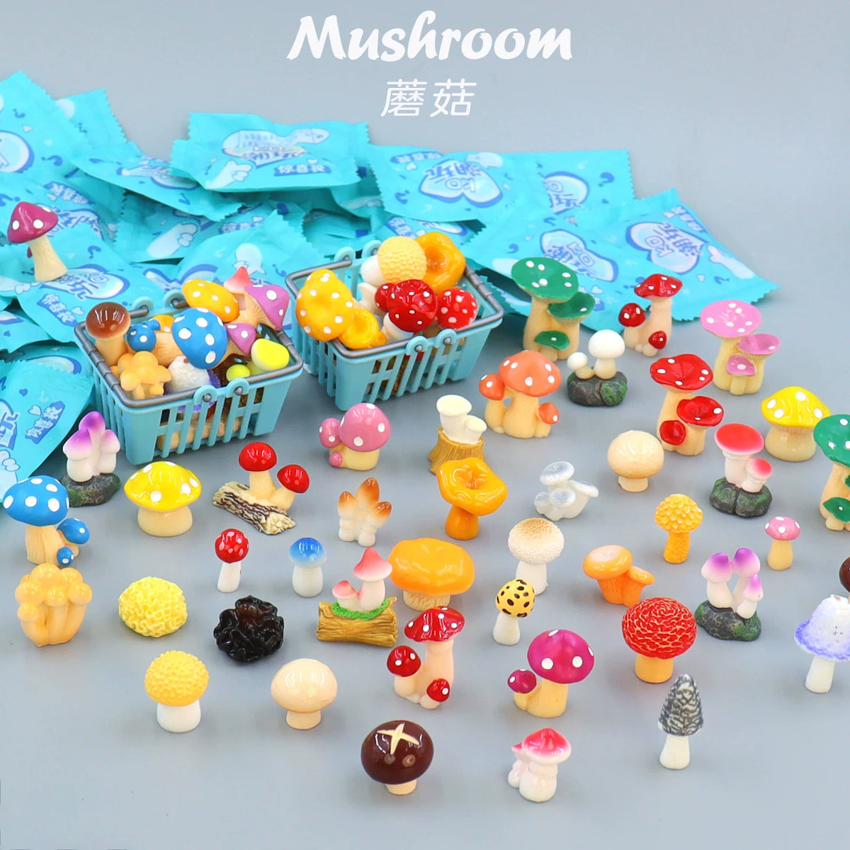 Miniature Mushroom Figurines with Basket for Micro Landscape Decor and Play