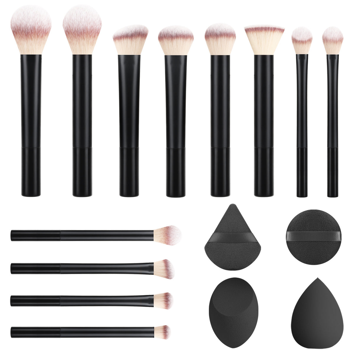 12-Piece Black Makeup Brush Set with Powder Puffs and Beauty Sponges