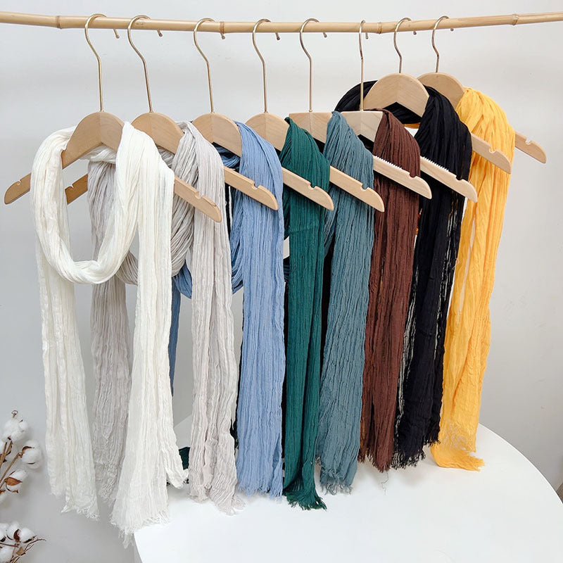 Solid Color Cotton Wrinkled Scarf for Women - Versatile Retro Neck Warmer Shawl