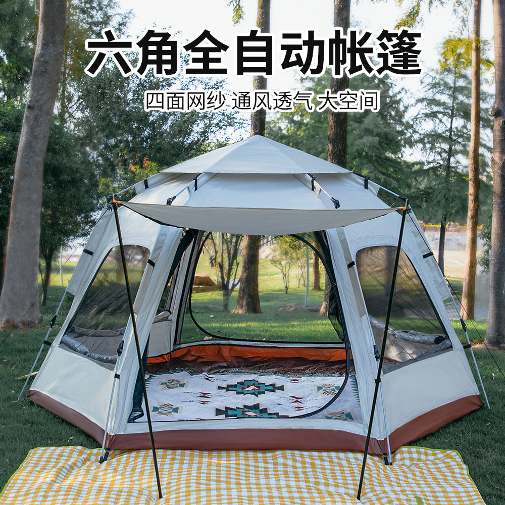 KL Automatic Pop-Up Hexagonal Camping Tent for 5-8 People with Skylight, Portable Outdoor Shelter