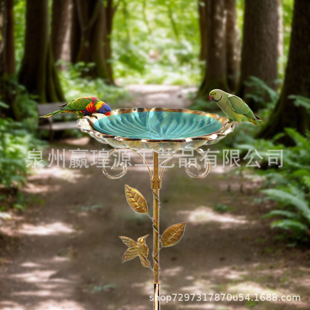 Garden Iron Art Bird Bath Feeder with Ground Stake for Outdoor Lawn Decor