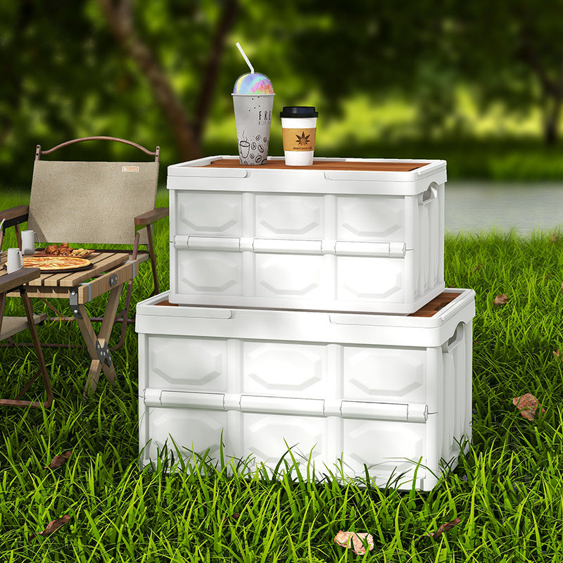 Foldable Outdoor Storage Box with Wooden Lid for Camping and Car Trunk Organization