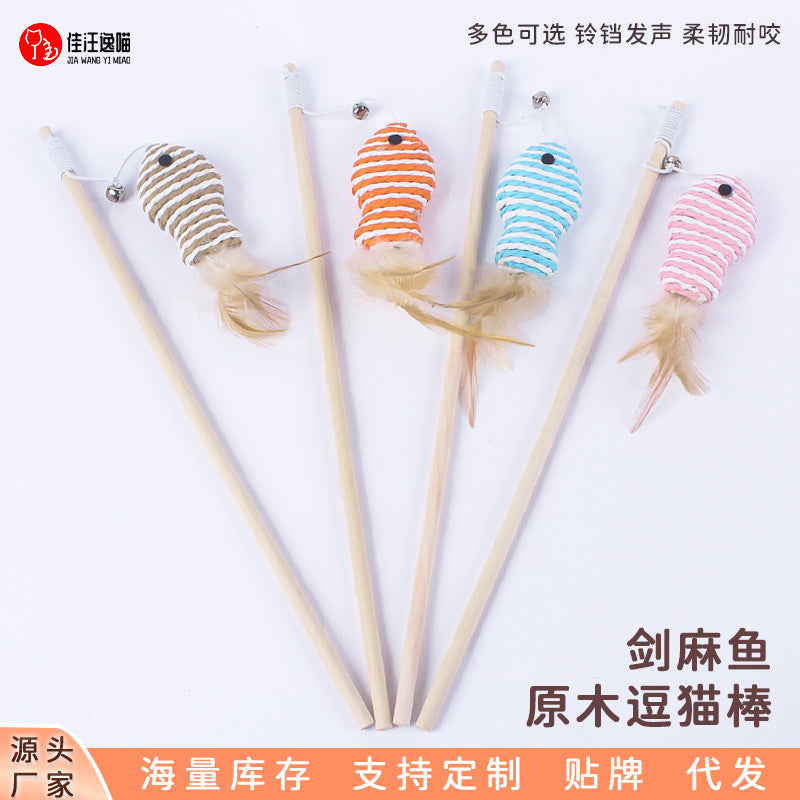 Interactive Wooden Cat Wand Toy with Paper Rope Fish and Elastic String