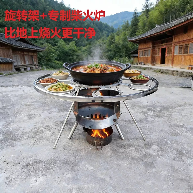 Rotating Firewood Rack with Hot Pot Stand for Outdoor BBQ and Heating