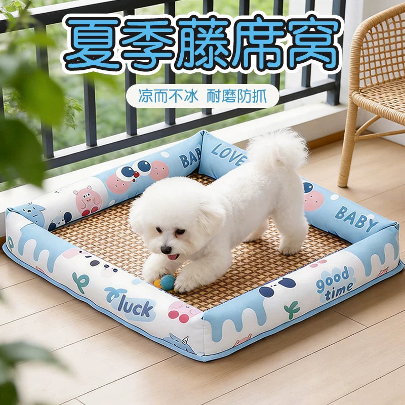 Summer Rattan Pet Bed for Small to Medium Dogs and Cats, All Seasons Cooling Mat
