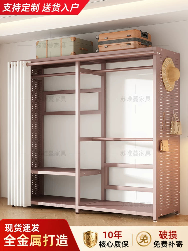 Freestanding Metal Garment Rack with Storage Shelves and Dustproof Cover for Bedroom