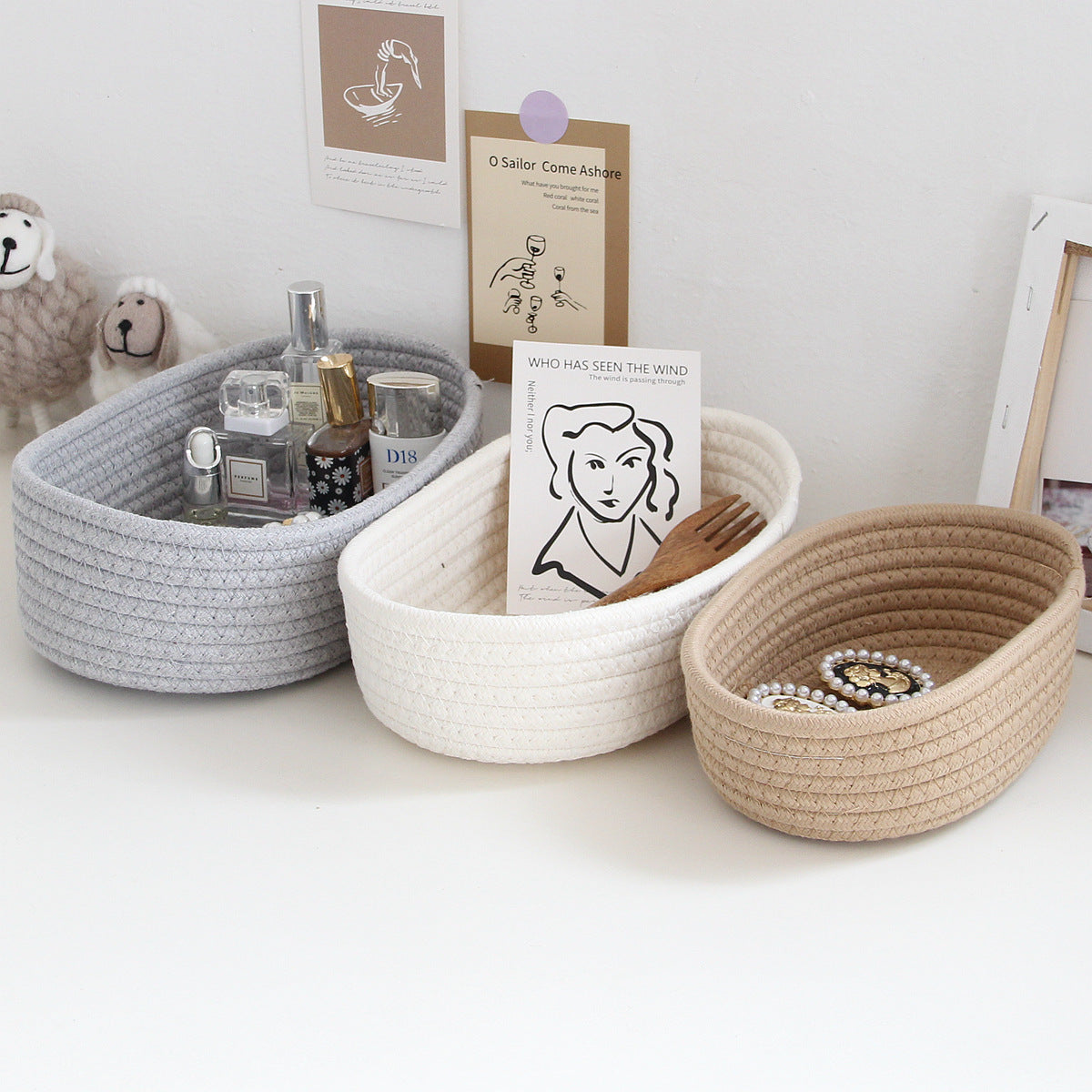 Hand-Woven Cotton Rope Storage Basket for Desktop Organization