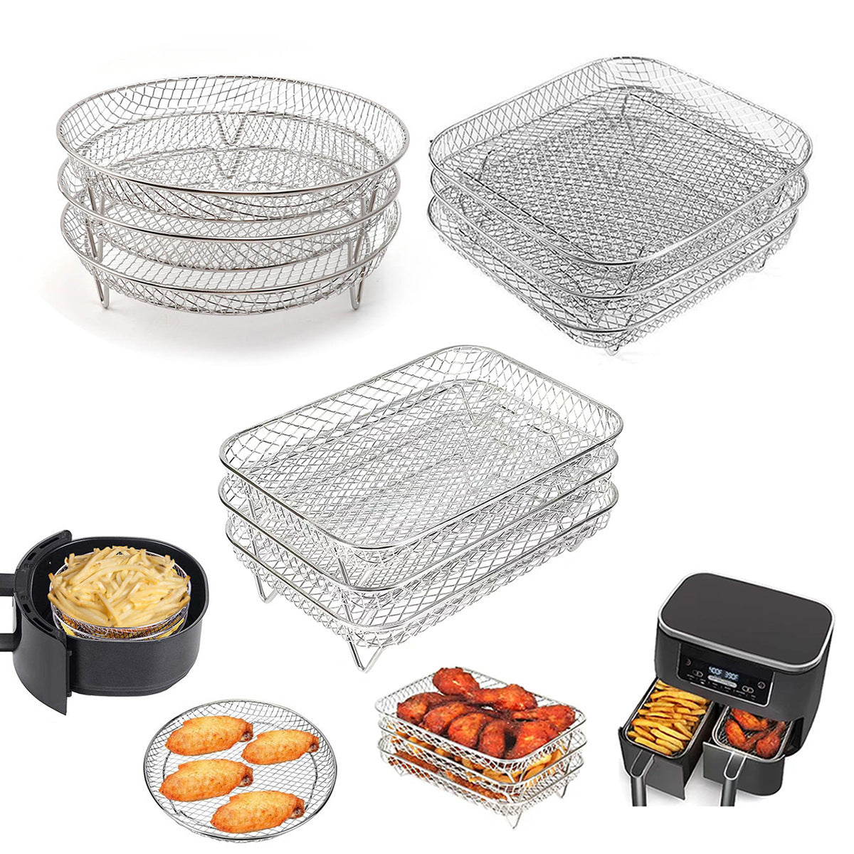 Stainless Steel Round/Square BBQ Grill Rack for Air Fryer & Oven, Multi-use Cooling & Drying Stand
