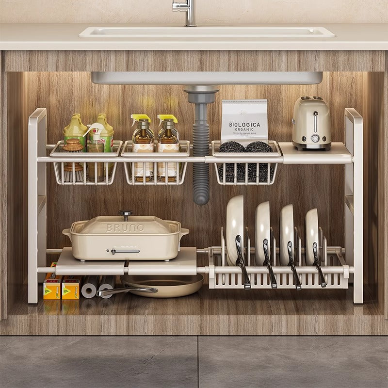 Under-Sink Expandable Storage Rack for Kitchen Cabinets, Multi-functional Pot and Pan Organizer