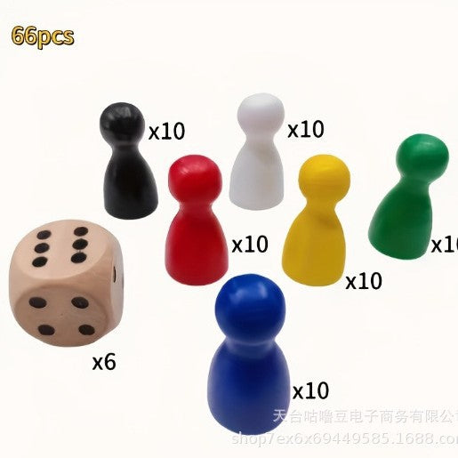 Colorful Educational Wooden Game Pieces Set for Board Games - Pawns, Checkers, Dice - 66 Pieces
