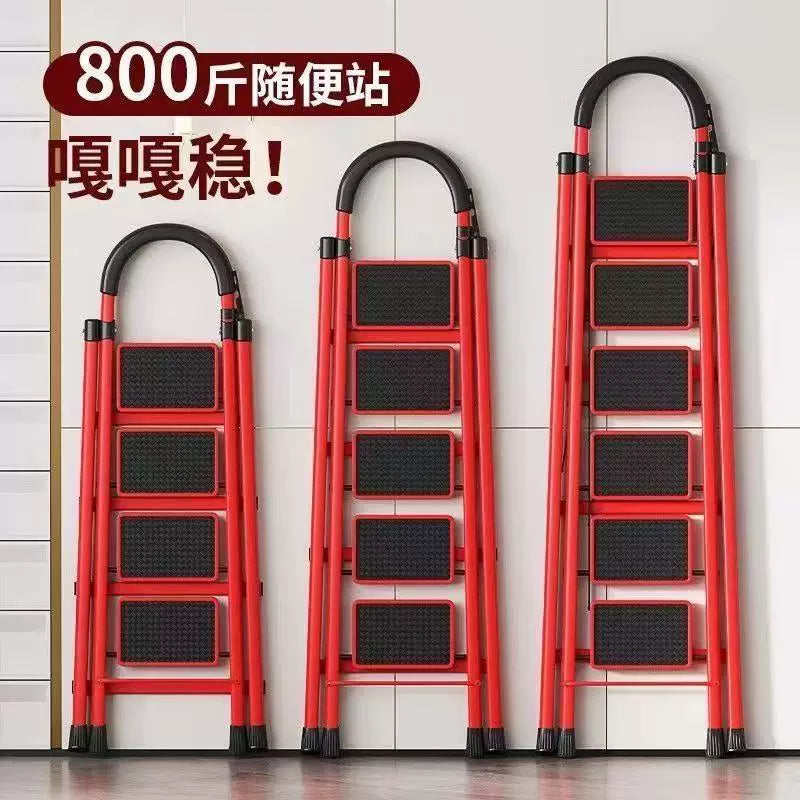German-Engineered Carbon Steel Folding Ladder, Double-Sided A-Frame Step Ladder for Home Use