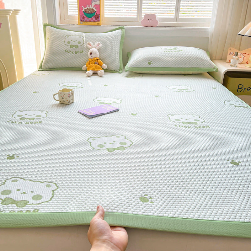 Summer Ice Silk Cooling Mat Set with Pillowcases, Machine Washable Fitted Sheet Style