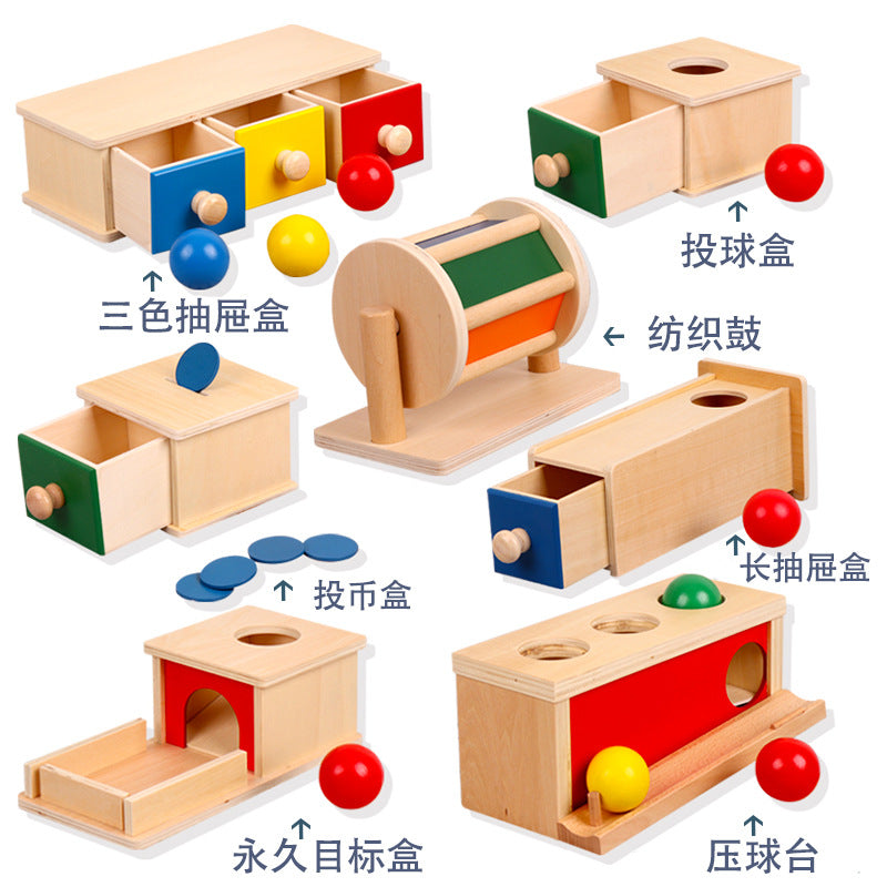 Montessori Wooden Coin Box, Ball Drop, and Fabric Drum Set for Toddlers 0-3 Years