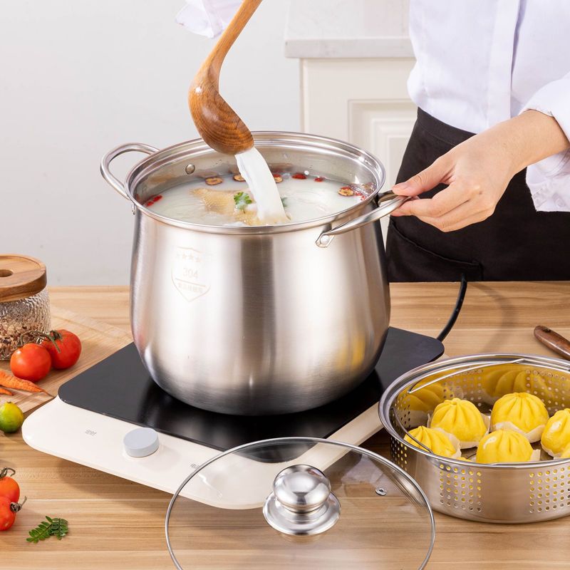 Stainless Steel Stock Pot with Steamer Basket, Thickened Bottom, Large Capacity for Soup, Porridge, Stew, Induction Cooker Compatible