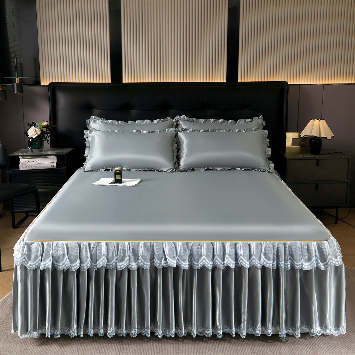 3-Piece Ice Silk Cooling Mat Bed Skirt Set with Pillowcases, Machine Washable & Foldable