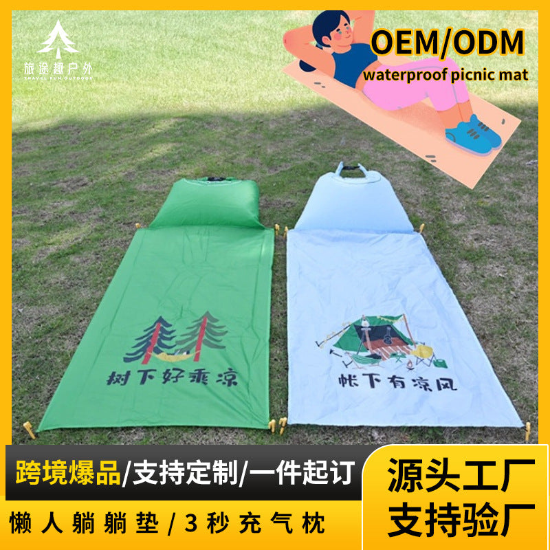 Outdoor Waterproof Beach Mat with Inflatable Pillow, Foldable Camping Picnic Blanket