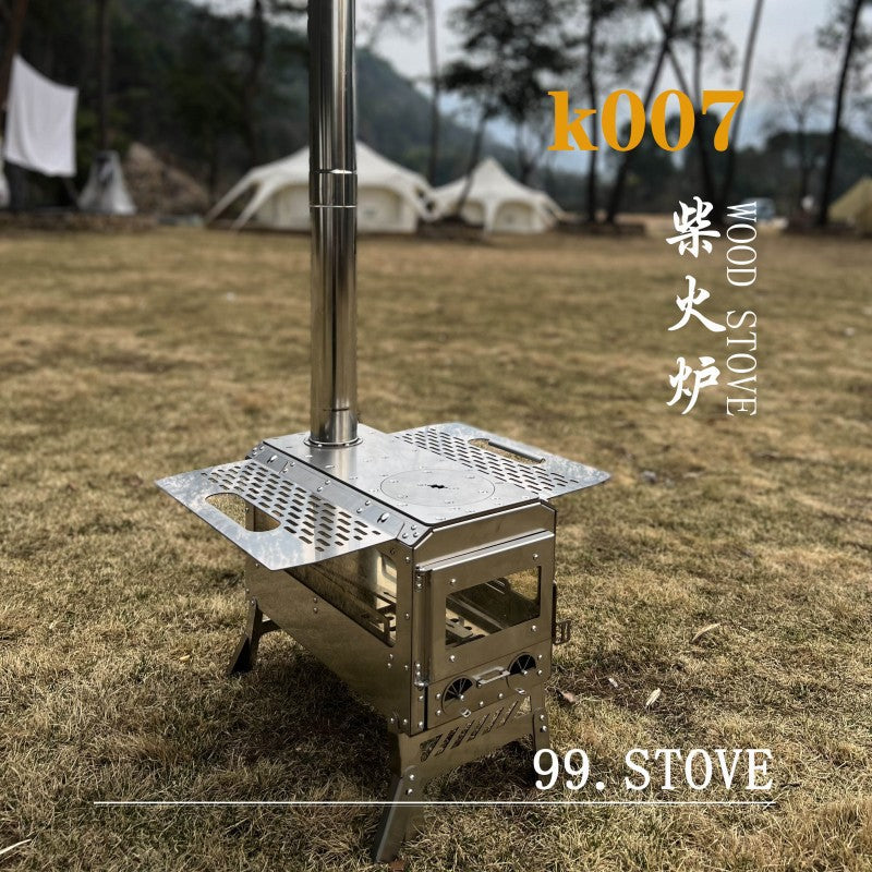Outdoor Stainless Steel Wood Stove for Camping, Windproof Heating Stove with Chimney Accessories