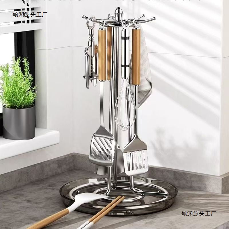 Rotating Utensil Holder with Drip Tray for Kitchen Countertop