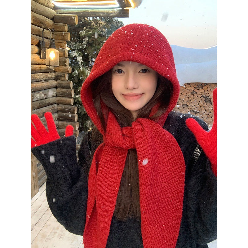 Women's Winter Balaclava Hat Scarf Set - Warm Knitted Hooded Neck Warmer
