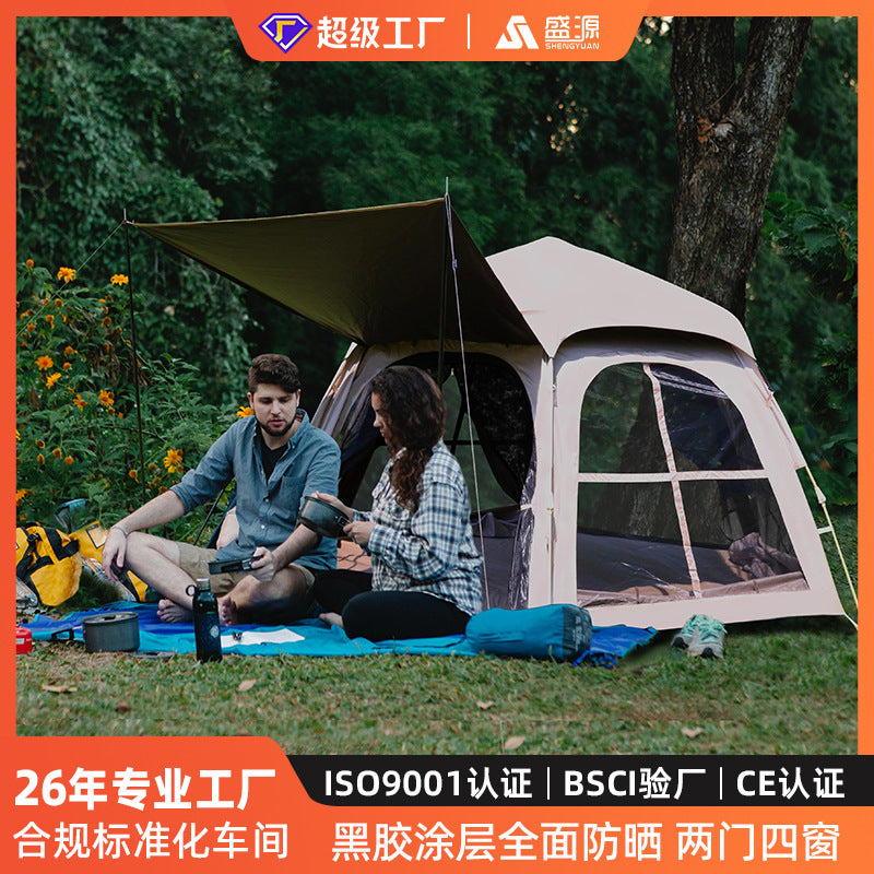 Automatic Hexagonal Pop-Up Camping Tent with Integrated Tarp, Waterproof Blackout Coating, 5-8 Person