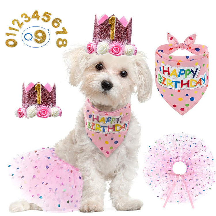 Pet Birthday Crown, Tutu Dress, and Bandana Set for Female Dogs