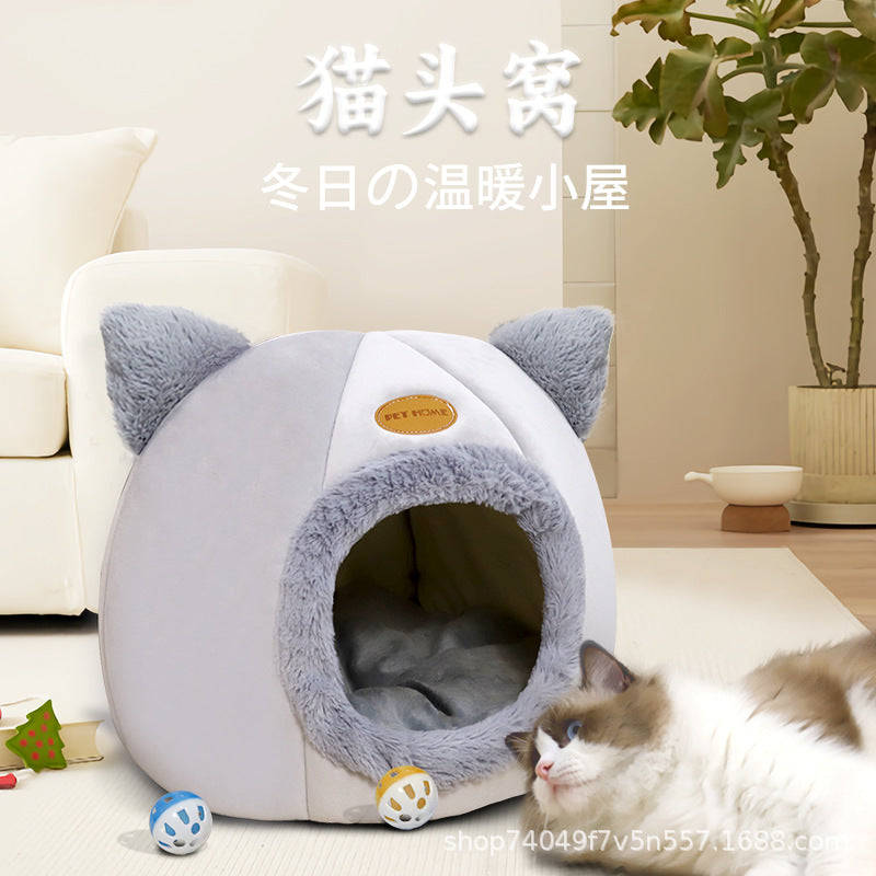 Warm Enclosed Cat House & Dog Bed with Removable Cushion