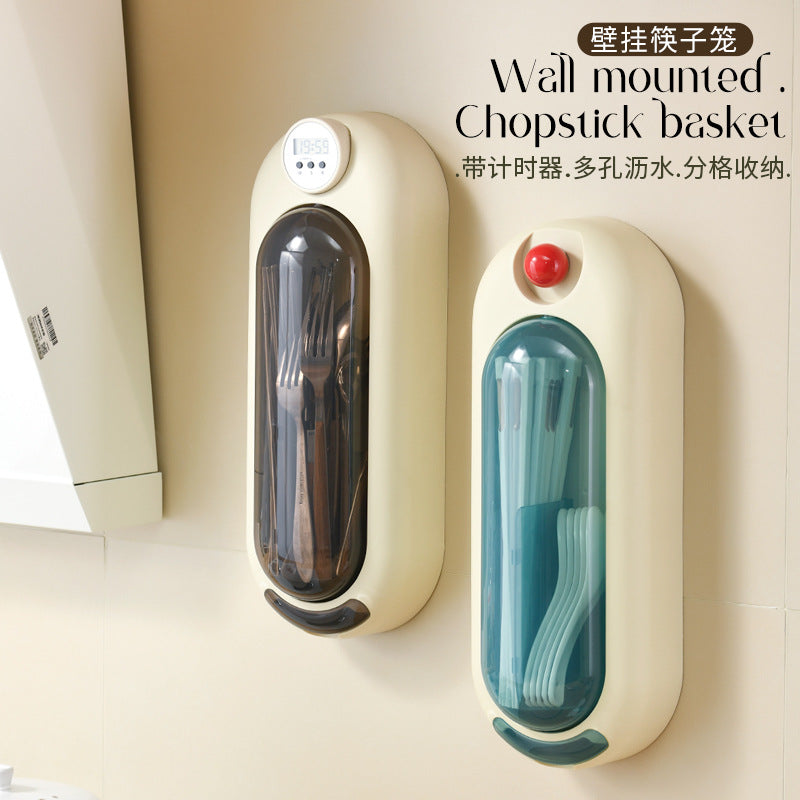 Wall-Mounted Rotating Chopstick Holder with Timer, Dustproof Cutlery Drainer and Storage Box for Kitchen