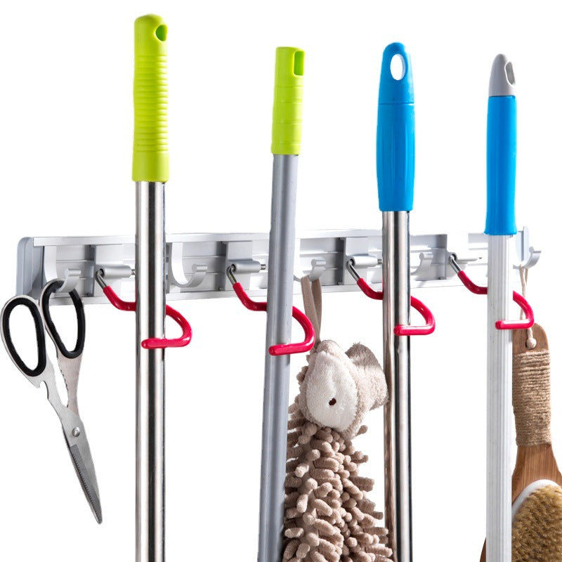 Wall-Mounted Mop and Broom Holder with Hooks - Punch-Free Space Aluminum & Stainless Steel Organizer