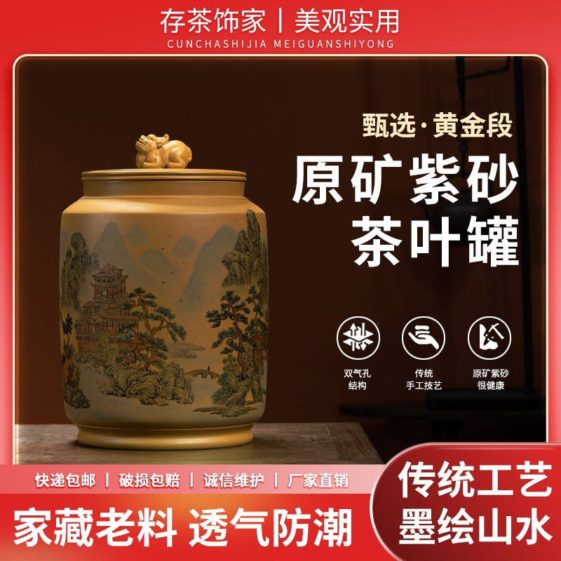 Large Purple Clay Tea Caddy with Pewter Lid, Moisture-proof Ceramic Storage Jar for Puerh Loose Leaf Tea