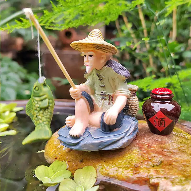 Miniature Fishing Old Man Figurine for Garden Pond Aquarium Landscape Decor