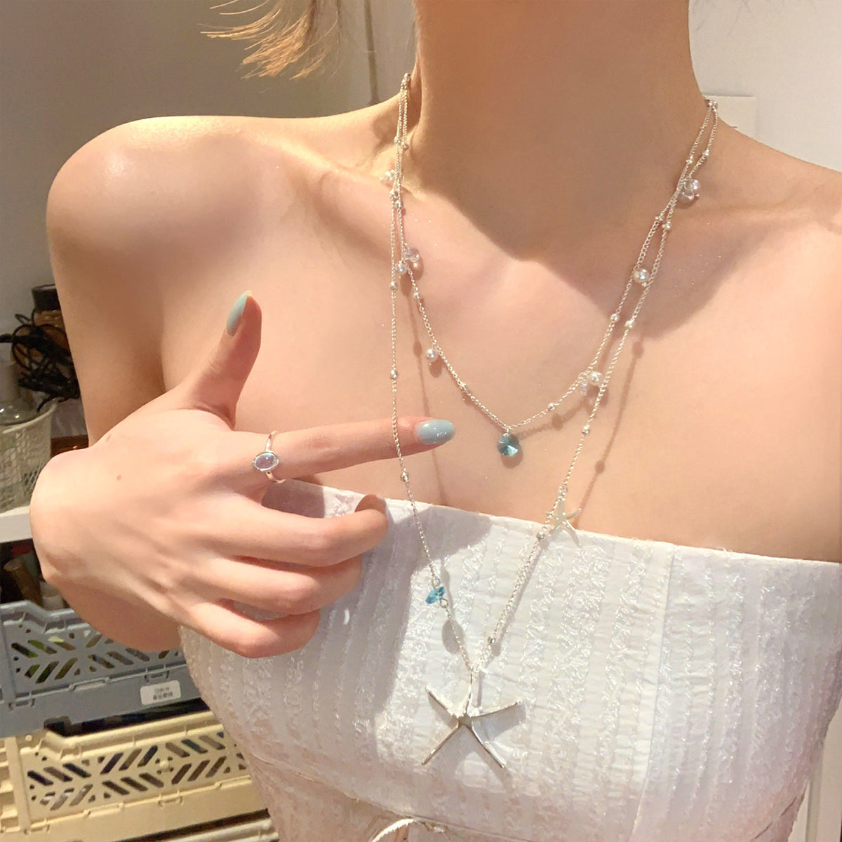 Summer Beach Vibe Blue Zircon Starfish Layered Necklace for Women