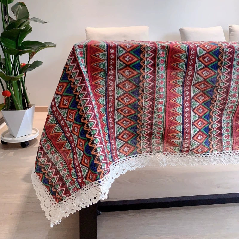 Bohemian Retro Cotton Linen Tablecloth for Dining, Coffee, and Round Tables - Yunnan Ethnic Style