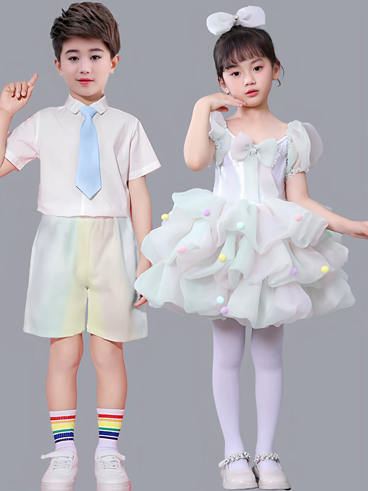 Girls' Rainbow Tulle Princess Dress with Headpiece & Brooch for Performance & Parties