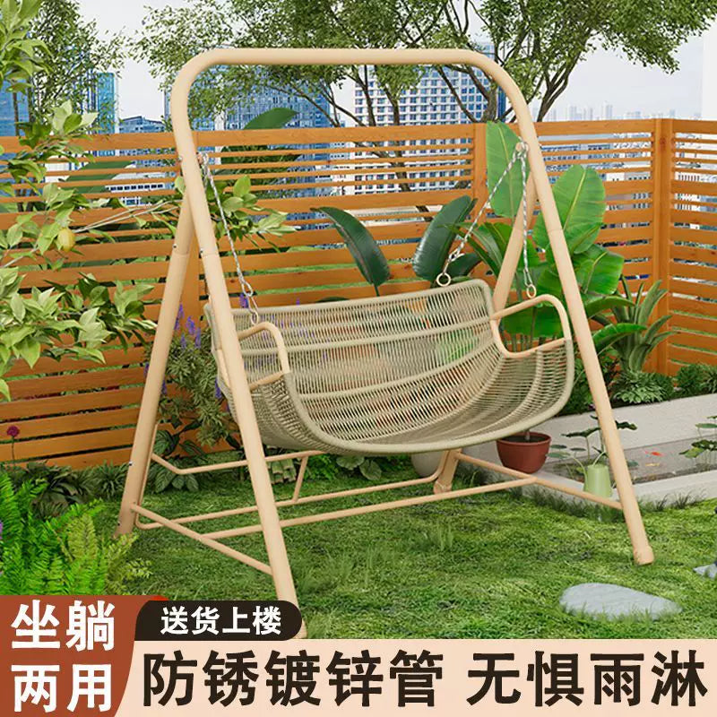 Outdoor Patio Wrought Iron Swing Chair Garden Courtyard Hanging Chair Rattan Swing Seat
