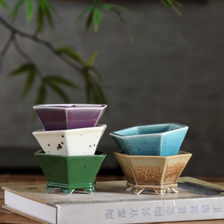 Handmade Glazed Hexagonal Bonsai Pot for Desktop Plants