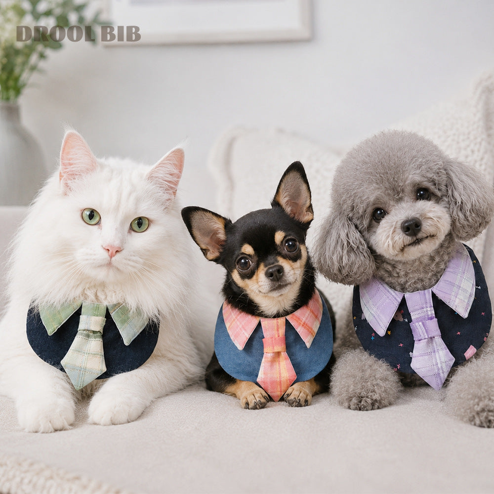 Pet Bandana Collar with Bow Tie - Preppy Plaid Design for Cats & Dogs